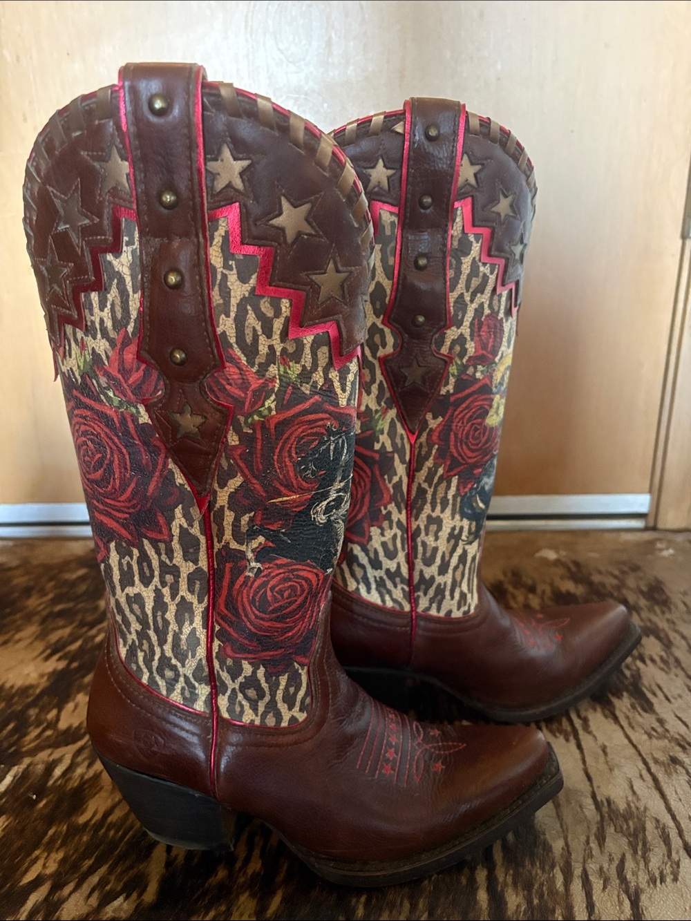 Ariat/Rodeo Quincy Brown & Gold Rodeo Leather Boot  with Red Roses